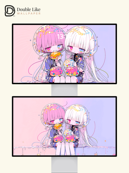 Cute Pastel Anime Twin Girls Jelly Aesthetic Wallpaper [#HW1485]