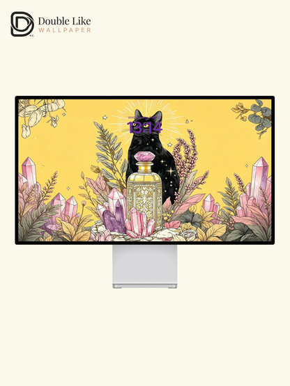 Cat Wallpaper | "Guardian Spirit Cat", original high‑definition wallpaper featuring a black cat & perfume bottle [#HWWx011]