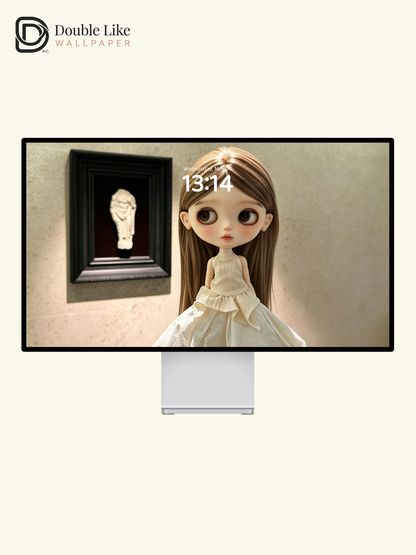 Calm Museum Blythe Doll Beige White Dress Healing Aesthetic Wallpaper [#HWWs014]