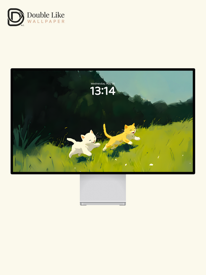Happy Kittens Running On Grass Cute Art Full Wallpaper Set [#ZMY000]