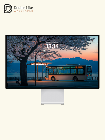 Spring Cherry Blossom Bus Stop Twilight Landscape Wallpaper Pack [#ZJYX0452]