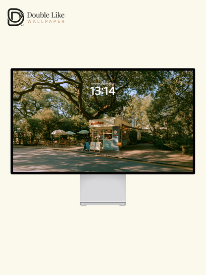 Sunlit Street Kiosk & Tree Shadow Cafe Aesthetic Wallpaper Pack [#JJ1460]