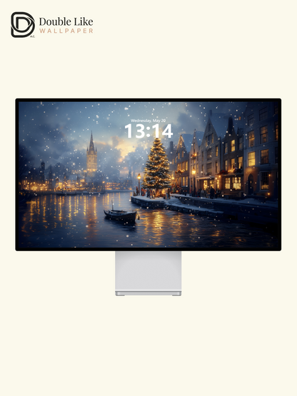 Cozy Christmas River Town Snow Illustration Aesthetic Wallpaper Pack [#WGF074]