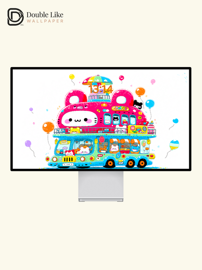 Cute Kawaii Animals Pink Bus Party Summer Aesthetic Wallpaper Pack [#HW1506]