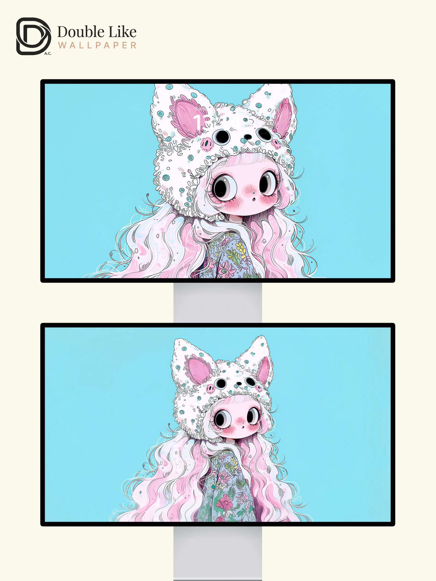 Kawaii Anime Girl Fluffy Animal Hat Pastel Wallpaper [#HW1482]
