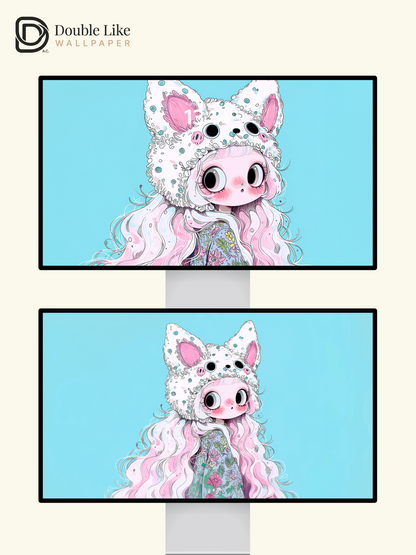 Kawaii Anime Girl Fluffy Animal Hat Pastel Wallpaper [#HW1482]