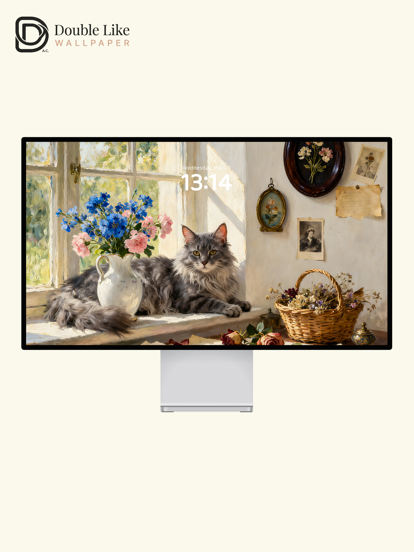 Vintage Oil Painting Fluffy Maine Coon Cat Window Flowers Aesthetic Wallpaper Pack [#ZMY497]