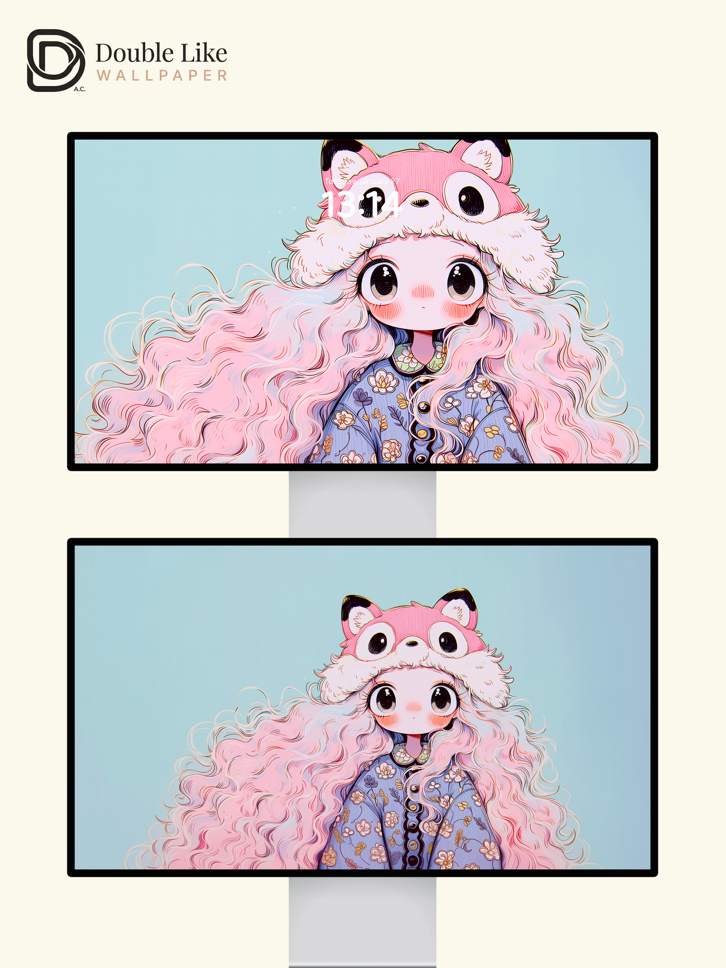 Kawaii Anime Girl Pink Fox Hat Floral Wallpaper [#HW1479]