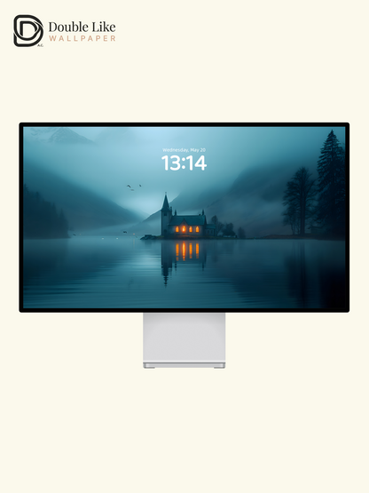 Misty Lake Church Dreamy Blue Landscape Wallpaper [#ZJYX0152]