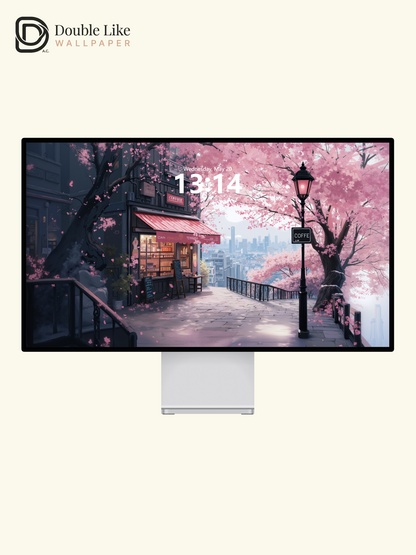 Spring Cherry Blossom Cafe City View Anime Romantic Aesthetic Wallpaper Pack [#WGF023]