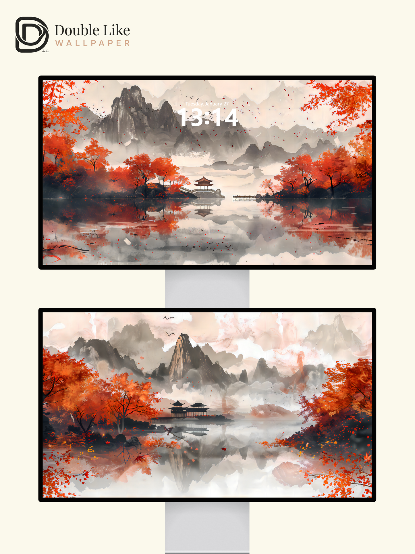 Autumn Red Maple Chinese Ink Mountain Lake Aesthetic Wallpaper Pack [#WGF013]