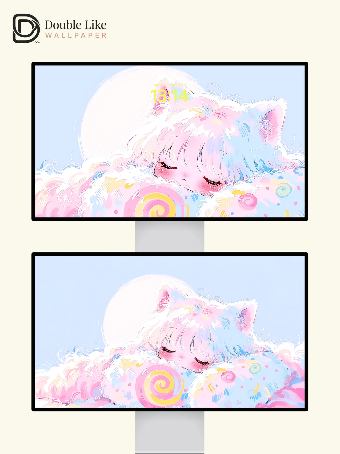 Cute Sleeping Pastel Cat Girl Candy Cloud Kawaii Aesthetic Wallpaper Pack [#HW1500]