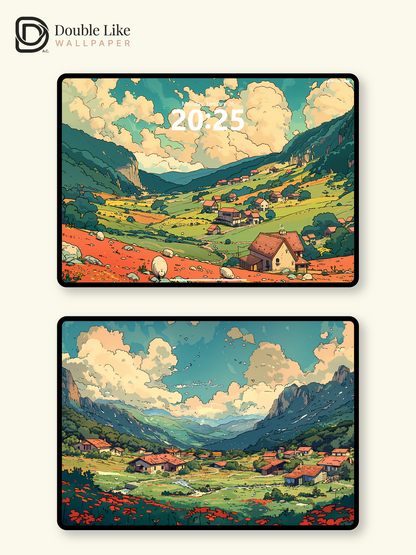 Retro Mountain Valley Village Pastoral Illustration Aesthetic Wallpaper Pack [#WGF009]