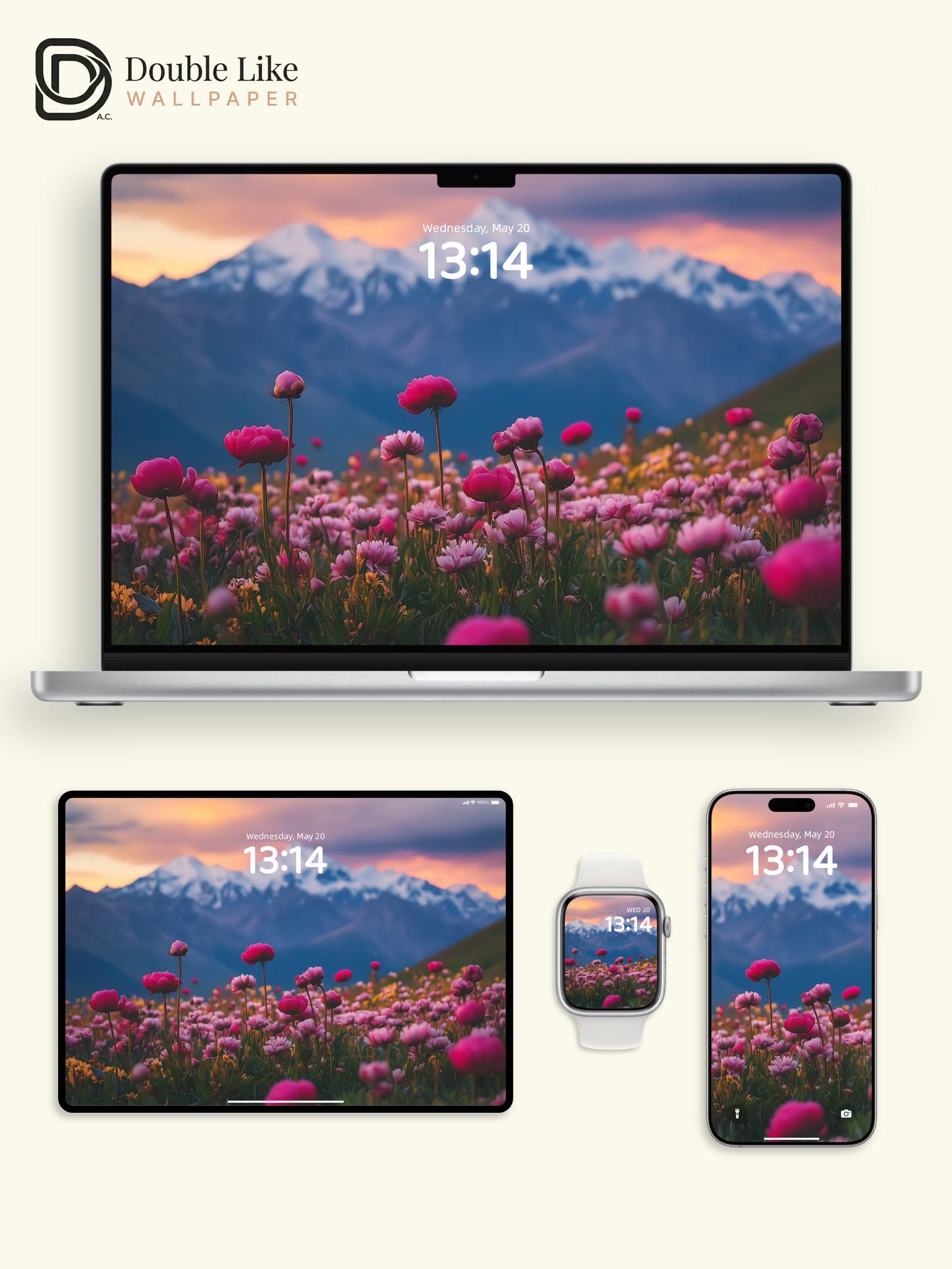 Healing Pink Flower Field Sunset Mountain Lock Screen Wallpaper Pack [#ZJYX0469]