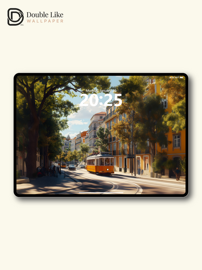 European Vintage Yellow Tram City Street Aesthetic Wallpaper Pack [#WGF118]