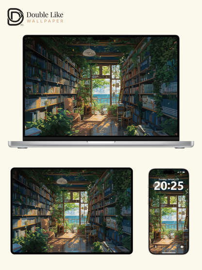 Cozy Seaside Library Anime Inspired Aesthetic Wallpaper Pack [#WGF053]