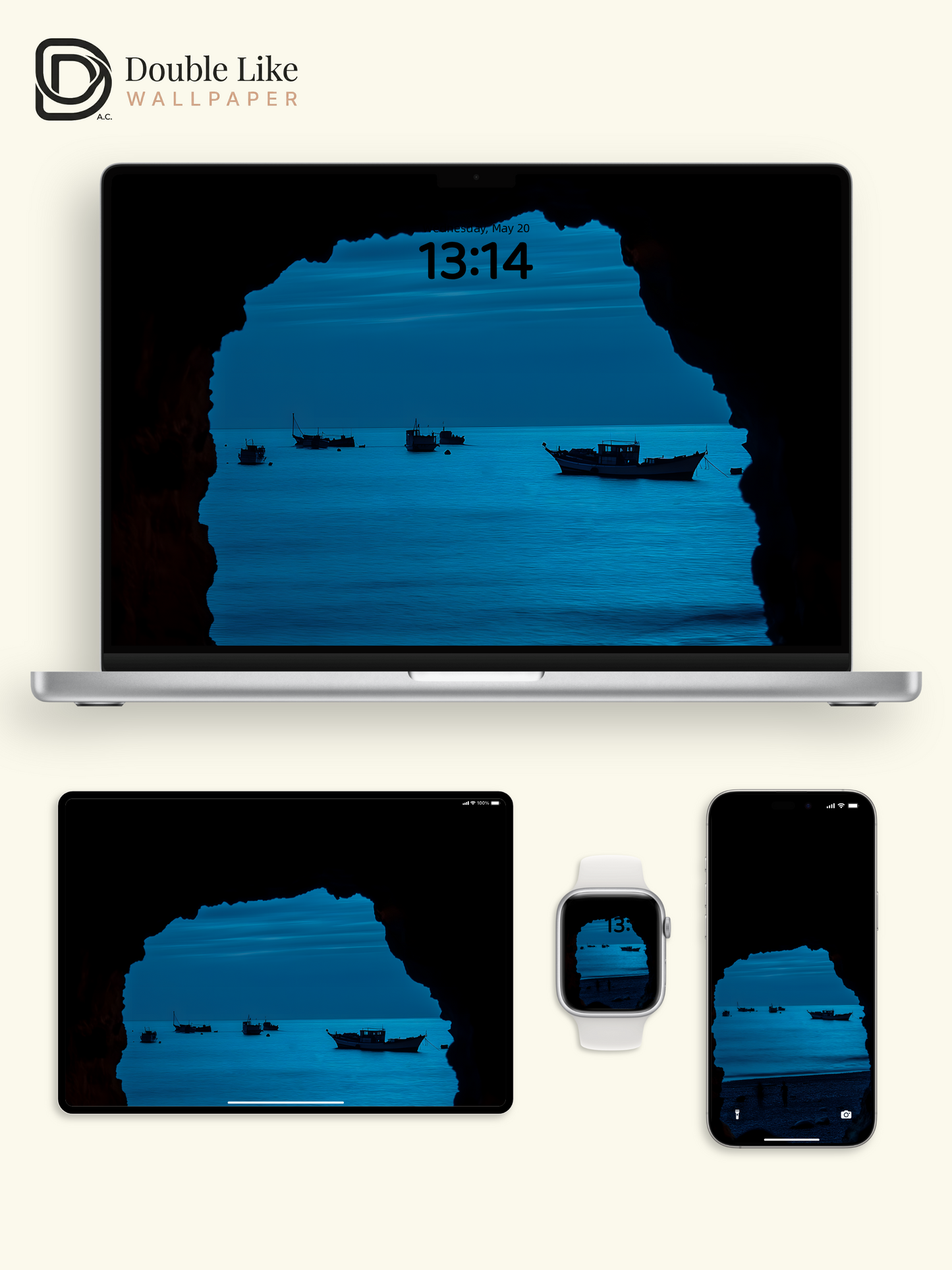 Combined Product Name: Cave Framed Deep Blue Sea Lone Fishing Boat Lonely Calming Atmospheric Cool Tone Ocean Landscape Full-Device Wallpaper Pack [#ZMY029]