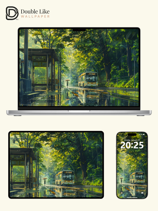 Rainy Forest Bus Stop Umbrella Girl Anime Aesthetic Wallpaper Pack [#WGF102]