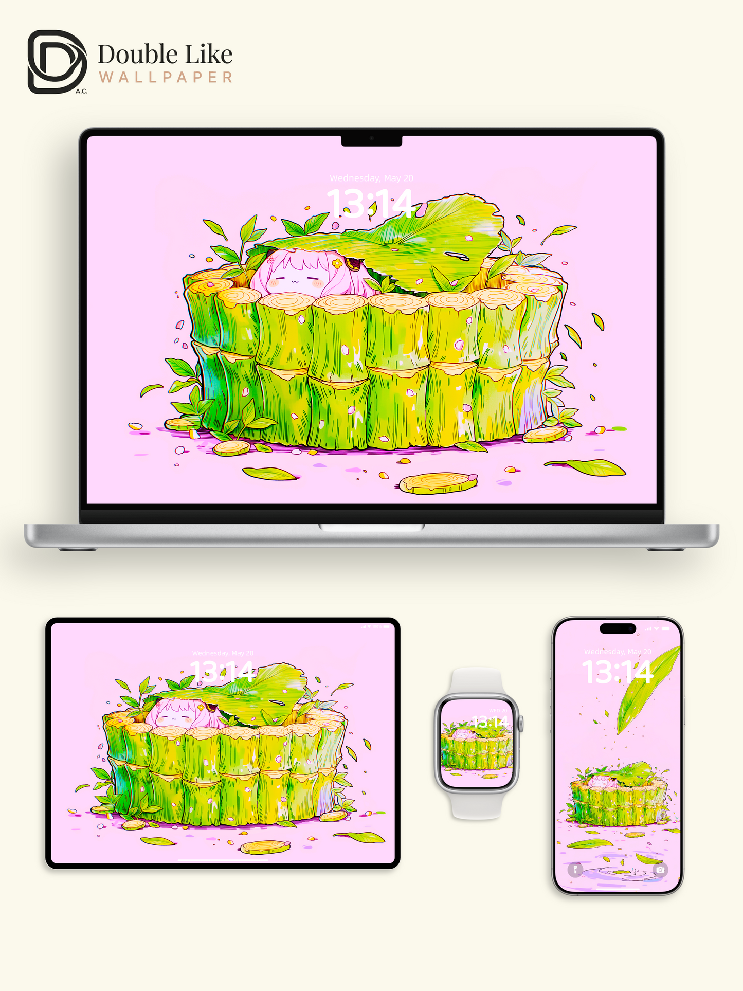 Cute Anime Girl Green Leaf Aesthetic Wallpaper Pack [#HW1459]