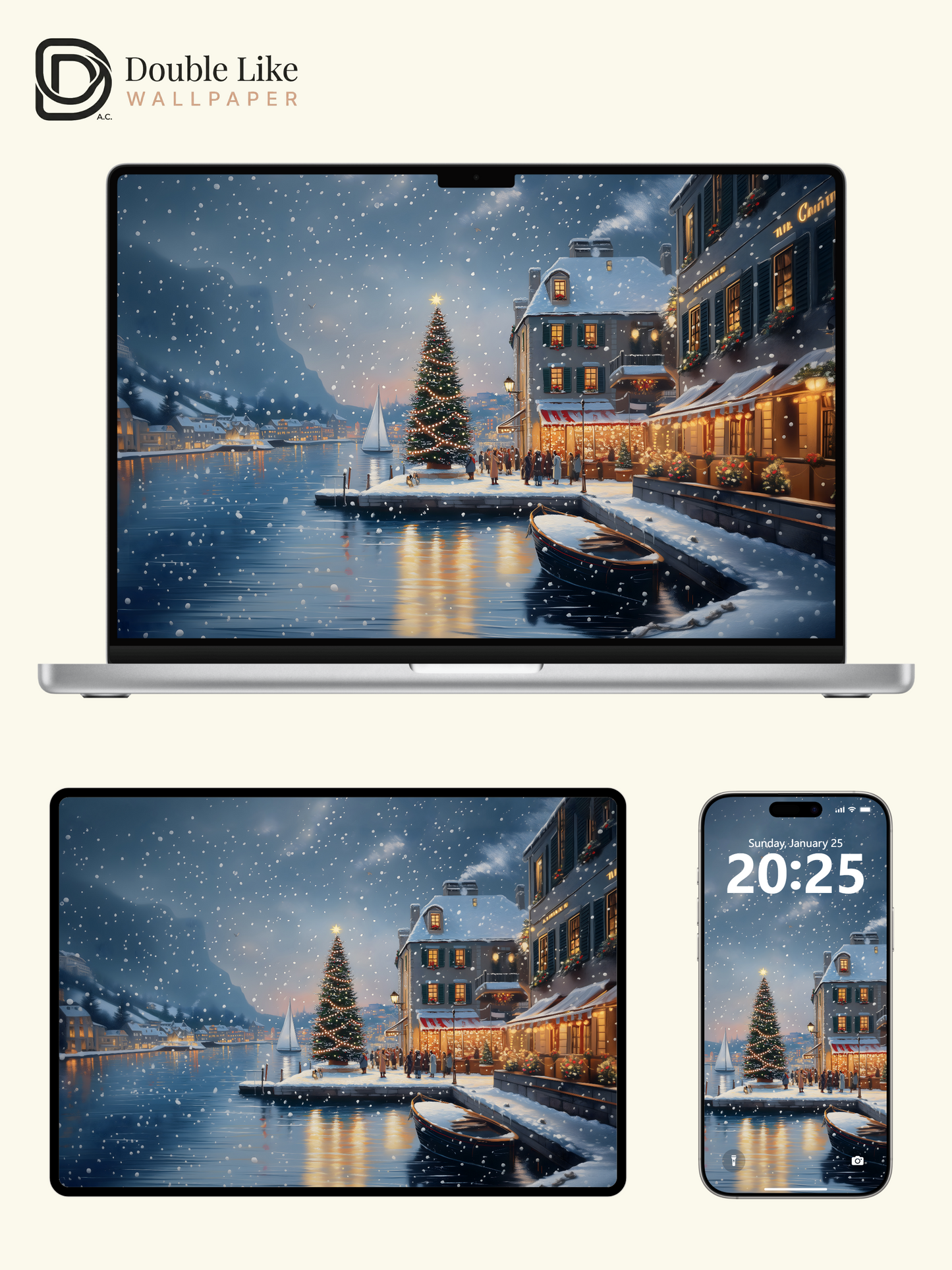 Cozy Christmas Snowy Harbor Town Illustration Aesthetic Wallpaper Pack [#WGF072]
