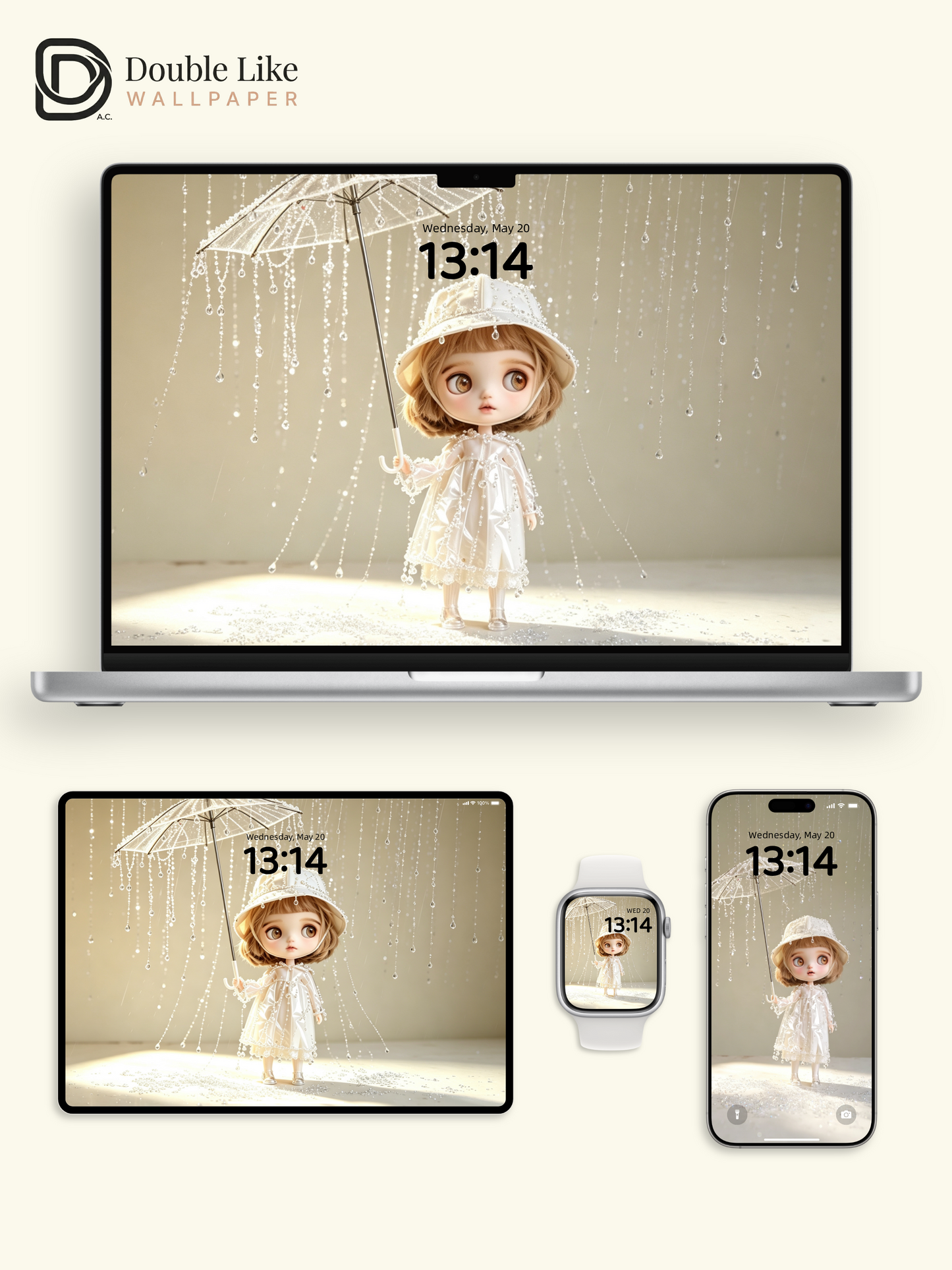 Dreamy Blythe Doll With Crystal Bead Umbrella White Aesthetic Wallpaper [#HWWs006]
