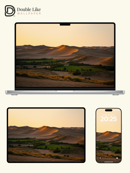 Golden Desert Dunes & Emerald Oasis Sunset Nature Wallpaper Pack [#JJ230905]