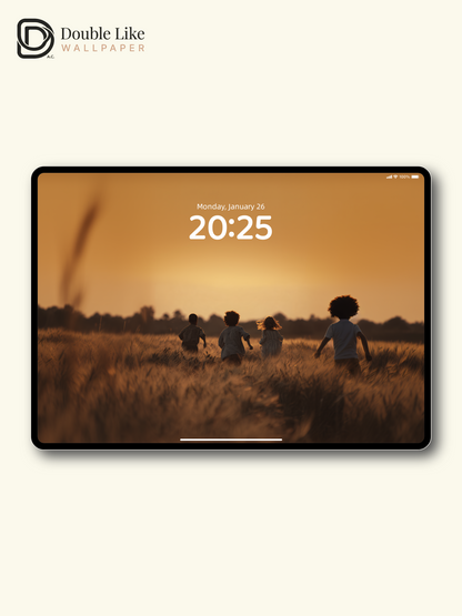 Golden Hour Children Running in Wheat Field Photography Wallpaper Pack [#JJ1212]