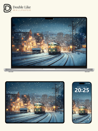 Winter Snowy Night Train Town Japanese Anime Cozy Aesthetic Wallpaper Pack [#WGF076]