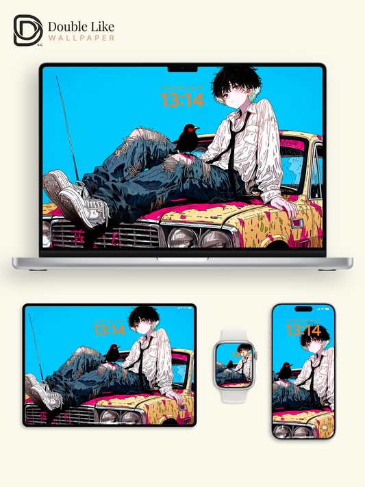 Retro Anime Boy Vintage Car Cyan Sky Urban Grunge Aesthetic Wallpaper Pack [#HW1515]