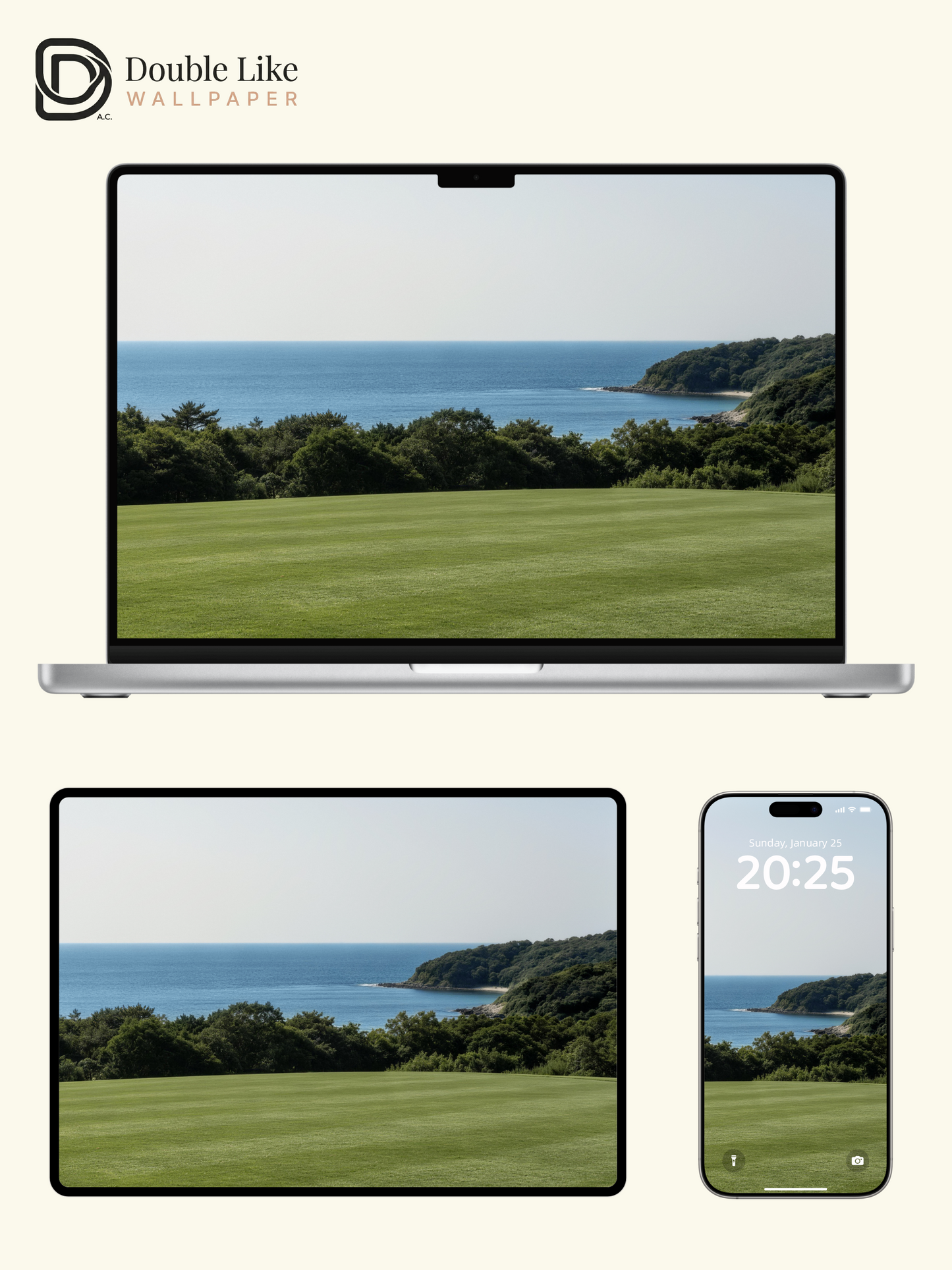 Minimalist Ocean and Green Meadow Nature Landscape Wallpaper Pack [#LFHL30602]