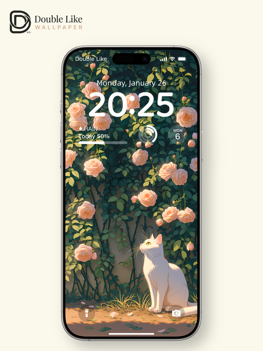 Aesthetic White Cat in Golden Rose Garden Anime Wallpaper Pack [#LFHL1063]