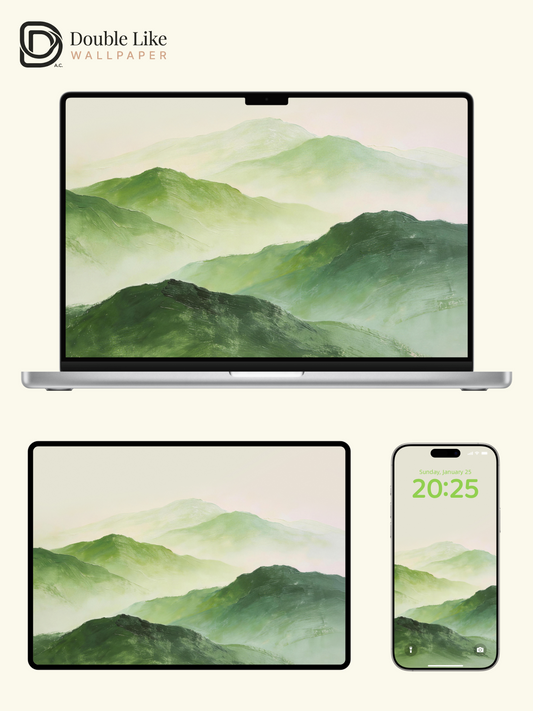 Chinese Style Textured Green Layered Mountain Minimal Calming Aesthetic Landscape Wallpaper Pack [#LFHL30411]