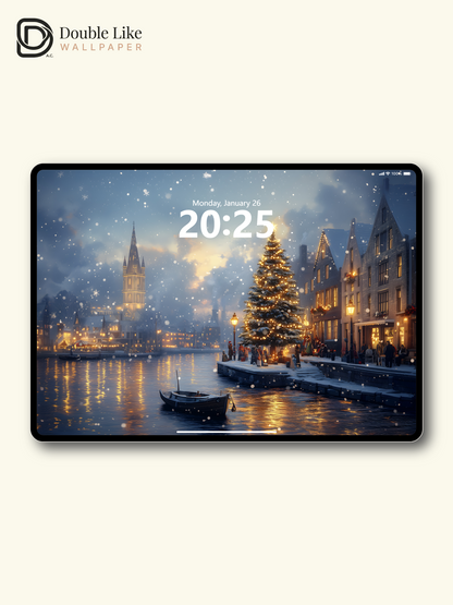 Cozy Christmas River Town Snow Illustration Aesthetic Wallpaper Pack [#WGF074]