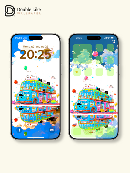 Cute Kawaii Animals Double Decker Tour Bus Summer Aesthetic Wallpaper Pack [#HW1505]