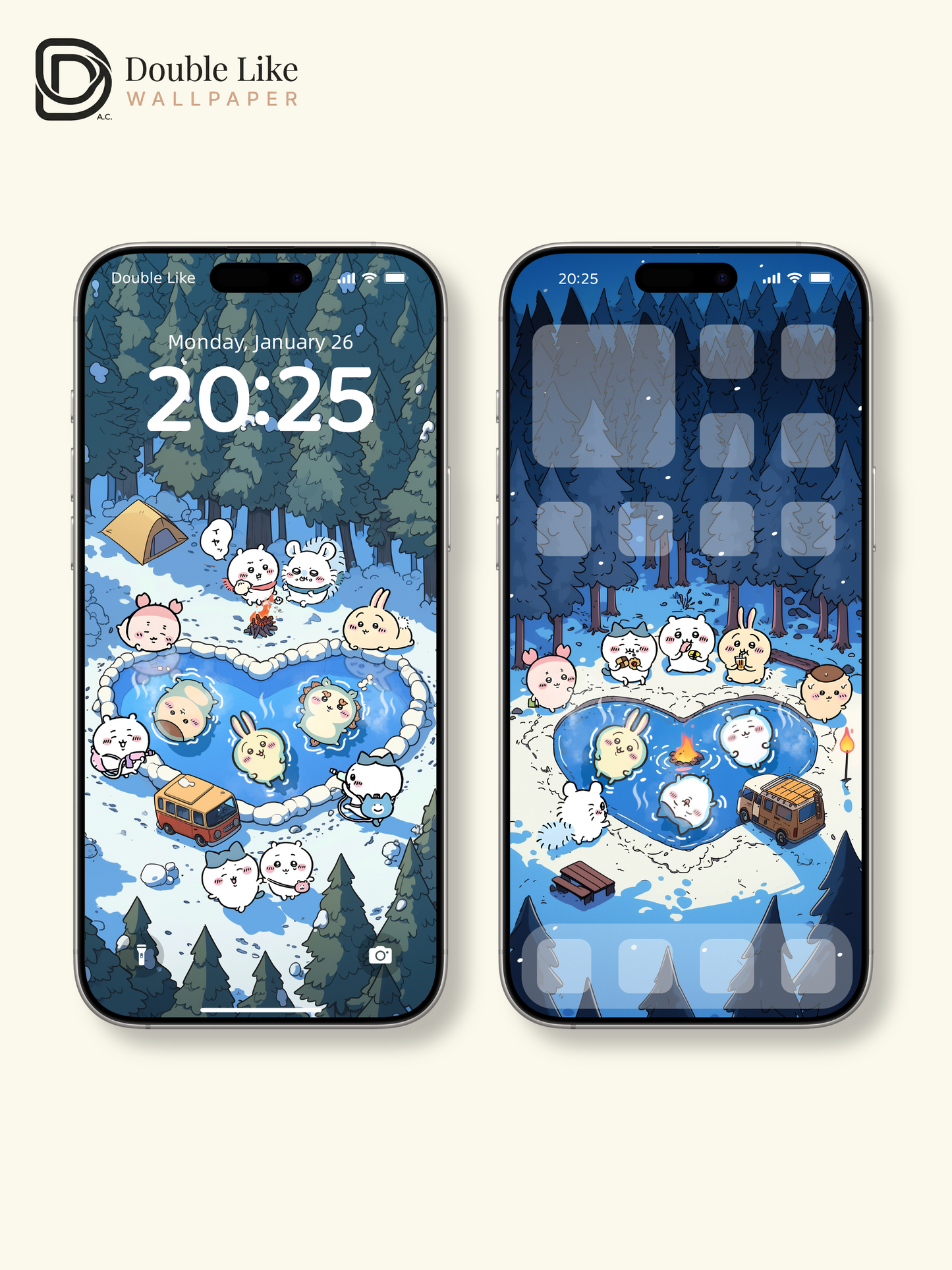 Snowy Hot Spring Camping – Cute Animal Wallpaper Set (Lock Screen + Home Screen) [#CKW275]