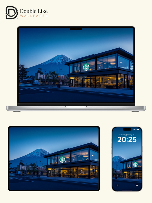 Mount Fuji Twilight Coffee Shop Modern Aesthetic Wallpaper Pack [#JJ20320]
