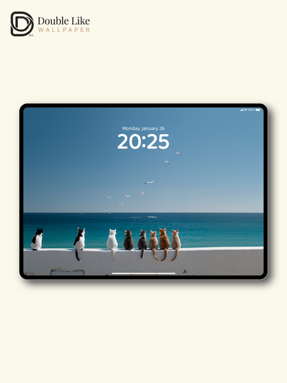 Cute Cats Seawall Ocean View Healing Aesthetic Wallpaper Pack [#JJ1269]