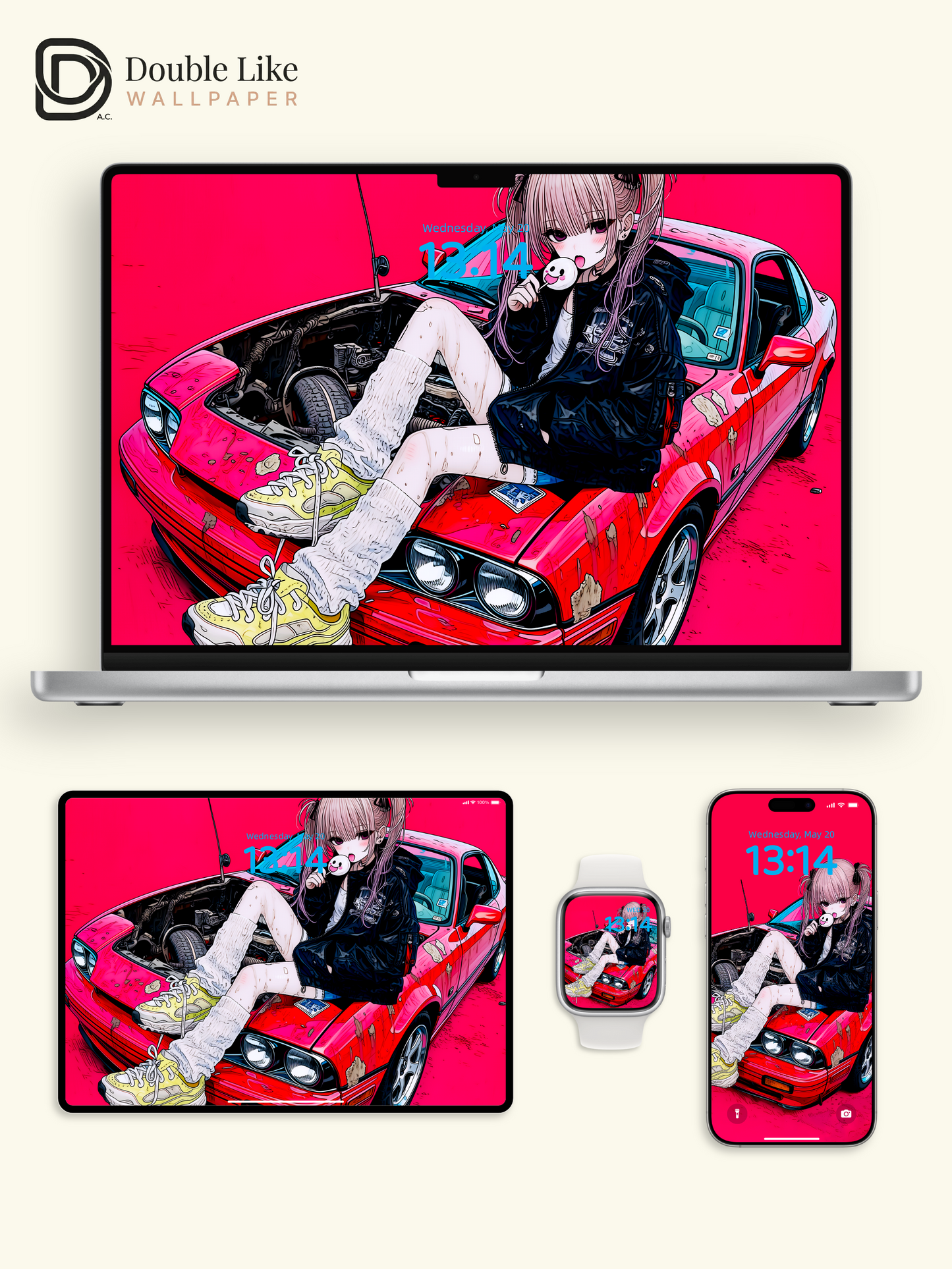 Retro Anime Girl Sports Car Cyberpunk Magenta Aesthetic Wallpaper Pack [#HW1512]