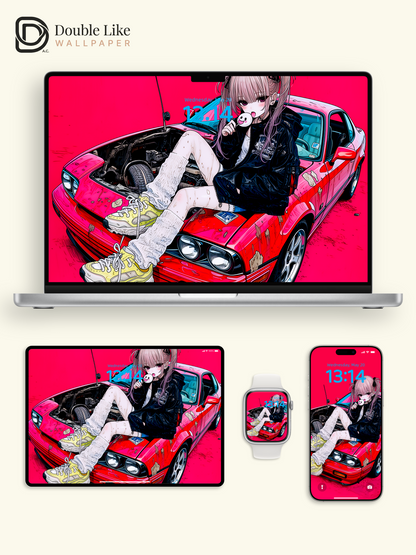 Retro Anime Girl Sports Car Cyberpunk Magenta Aesthetic Wallpaper Pack [#HW1512]