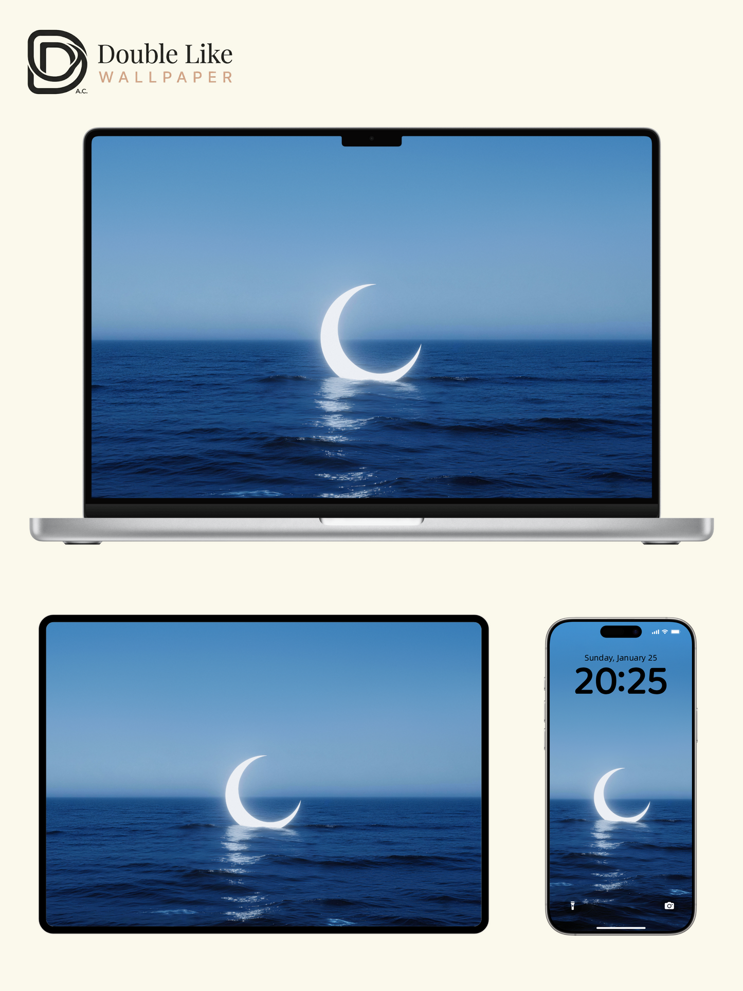 Glowing Crescent Moon On Deep Blue Sea Minimal Dreamy Ocean Wallpaper Pack [#LFHL30504]