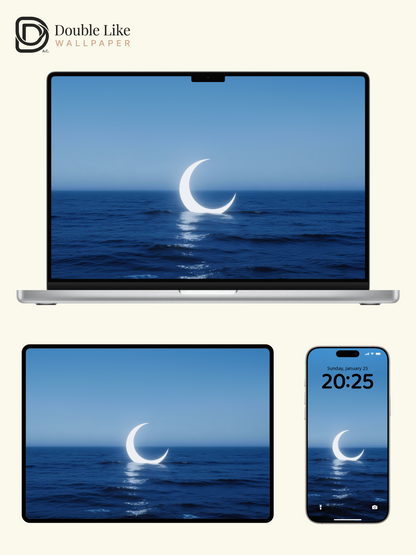 Glowing Crescent Moon On Deep Blue Sea Minimal Dreamy Ocean Wallpaper Pack [#LFHL30504]