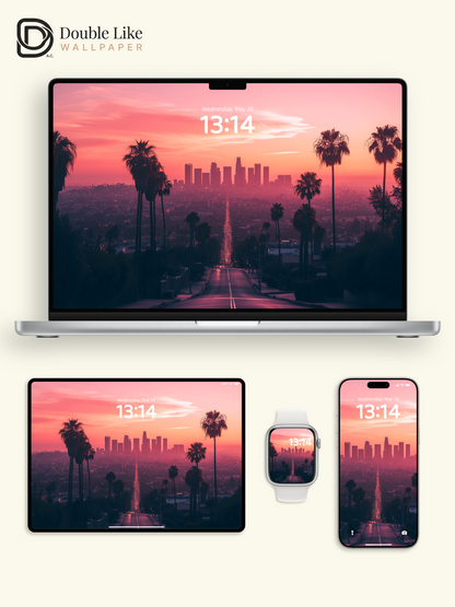 Pink Sunset Los Angeles Cityscape Palm Trees Aesthetic Wallpaper Pack [#ZJY336]