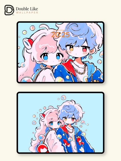 Cute Anime Couple Pastel Bubbles Romantic Kawaii Aesthetic Wallpaper Pack [#HW1516]