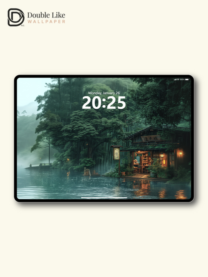 Rainy Forest Lake Wooden House Peaceful Anime Aesthetic Wallpaper Pack [#WGF028]