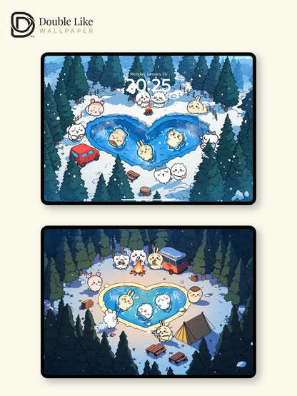 Snowy Hot Spring Camping – Cute Animal Wallpaper Set (Lock Screen + Home Screen) [#CKW275]