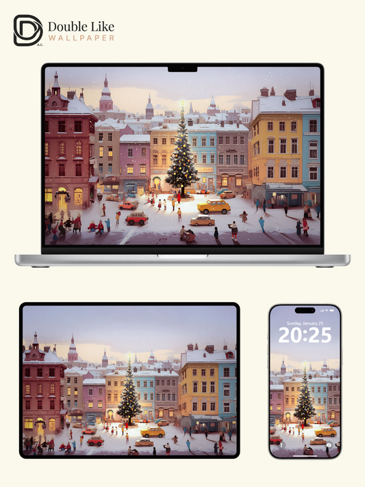 Cozy Christmas European Town Square Illustration Aesthetic Wallpaper Pack [#WGF069]