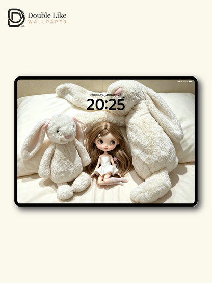 Calm Bedroom Blythe Doll White Dress Fluffy Rabbit Healing Aesthetic Wallpaper [#HWWs015]