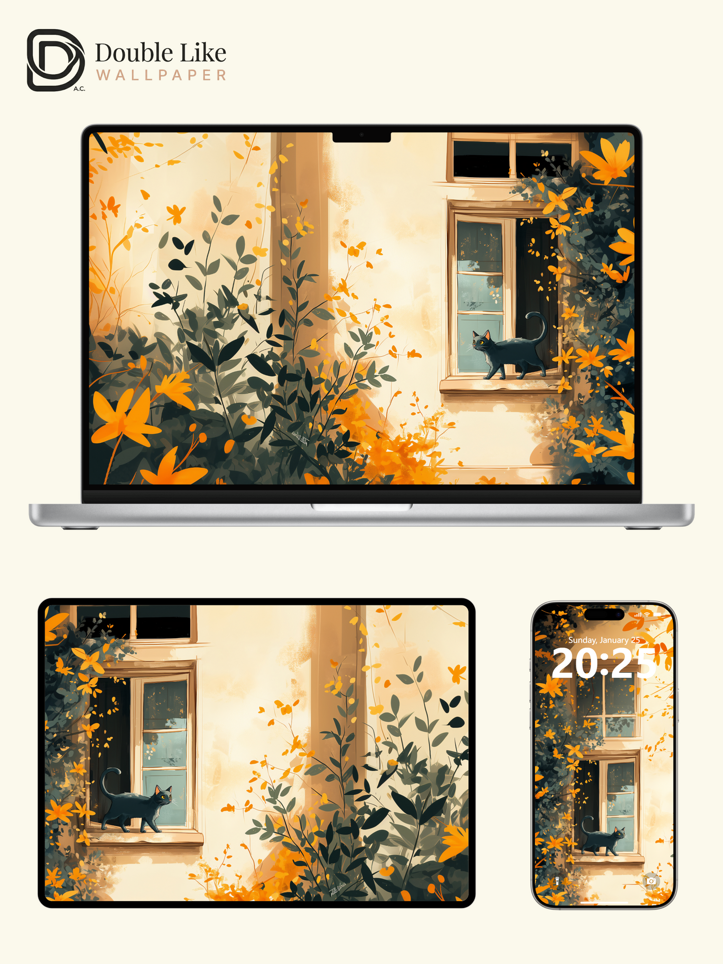 Cozy Window Black Cat Warm Afternoon Illustration Wallpaper Pack [#WGF083]