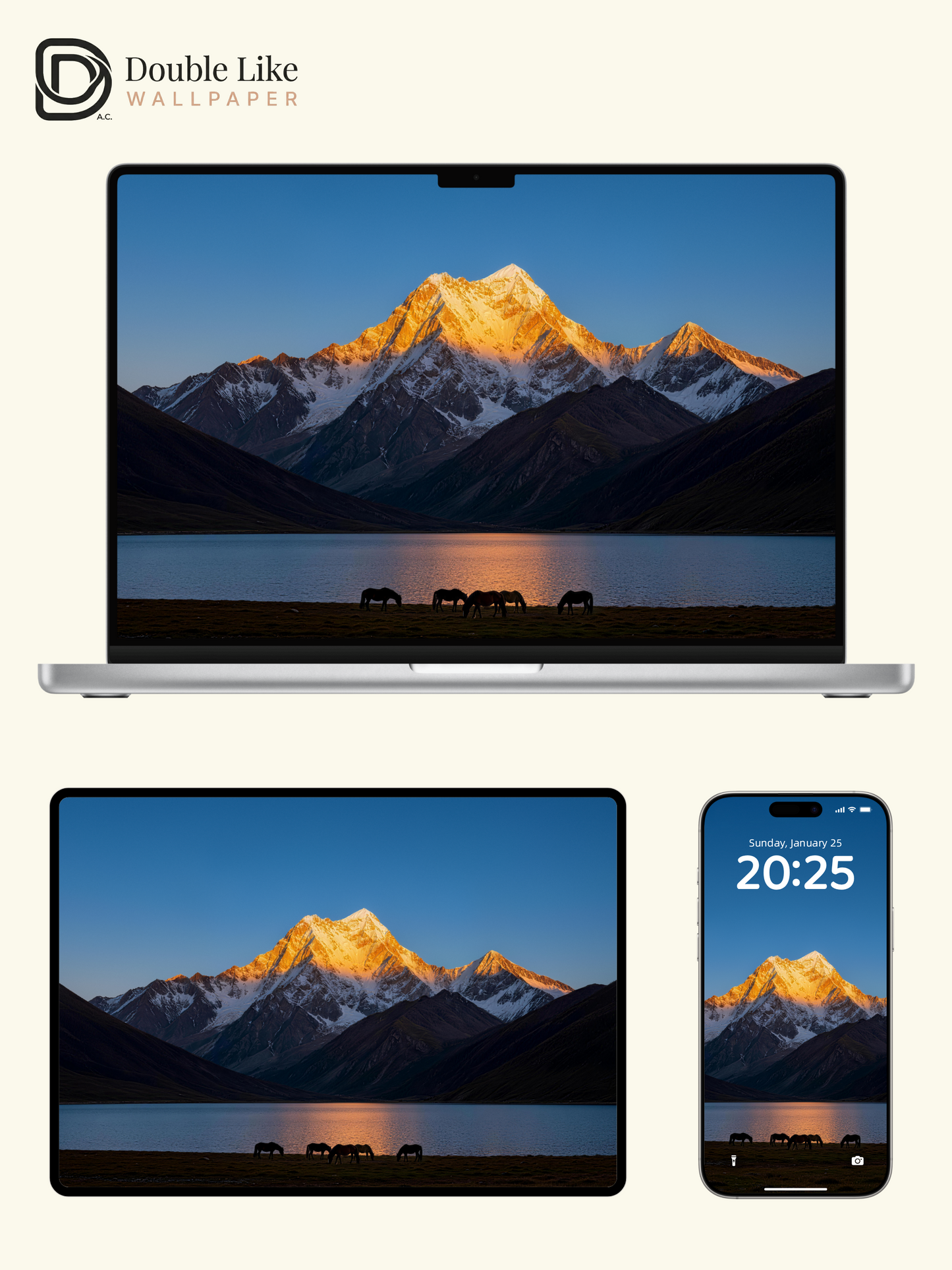 Golden Snow Mountain Lake Horse Healing Landscape Wallpaper Pack [#LFHL30208]