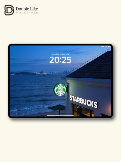 Seaside Starbucks Coffee & Evening Blue Ocean View Aesthetic Wallpaper Pack [#JJ230904]